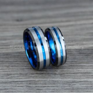 Black Rings, 2 Piece Couple Black Wedding Bands, Black Tungsten Rings, Black Tungsten Wedding Bands with Blue Groove, Black Wedding Bands, Black Wedding Rings, Black Tungsten Wedding Bands