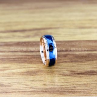 Classic 14K Rose Gold Wedding Band with Blue Exterior and Two Grooves, Rose Gold Ring, Rose Gold Wedding Ring, Rose Gold Tungsten Wedding Band
