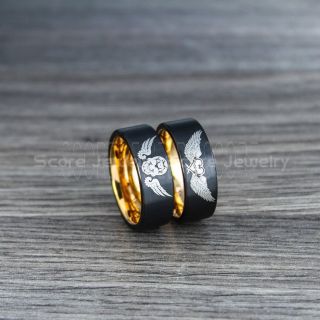 Skull Ring, Skull Jewelry, Skull Wedding Band, Angel Wings Ring, Angel Wings Wedding Ring, Black Tungsten Rings, Black Wedding Bands