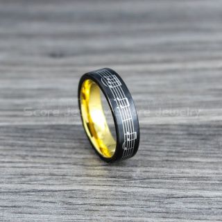 Music Ring, Music Sheet Ring, Music Jewelry, Piano Ring, Black Tungsten Ring, Black Ring, Black Wedding Band, Treble Clef Note Ring, Music Notes Ring