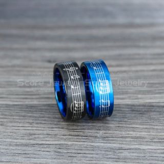 Music Ring, Music Sheet Ring, Music Jewelry, Piano Ring, Blue Tungsten Ring, Blue Ring, Blue Wedding Band, Treble Clef Note Ring, Music Notes Ring