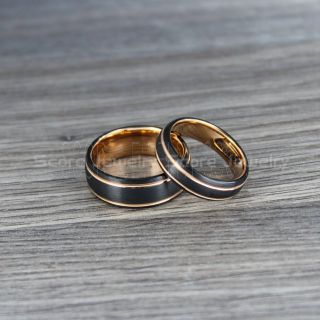 Black Rings, Black Wedding Bands, 2 Piece Couple Set Black Tungsten Rings, Black Tungsten Wedding Bands with 14K Rose Gold Grooves, Black Wedding Bands, Black Wedding Rings, Black Tungsten Wedding Bands