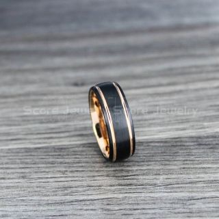 Classic 8mm Black Tungsten Ring with Domed Edge, Black Tungsten Wedding Band with 14K Rose Gold Grooves, Black Wedding Band, Black Wedding Ring, Black Tungsten Wedding Ring