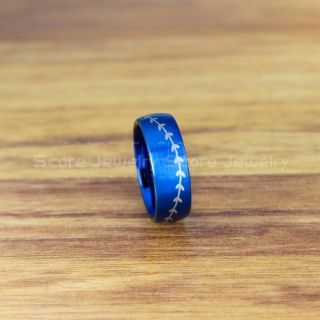 Baseball Ring, Baseball Stitch Pattern Ring, Blue Tungsten Ring, Baseball Jewelry, Blue Wedding Band, Blue Wedding Ring