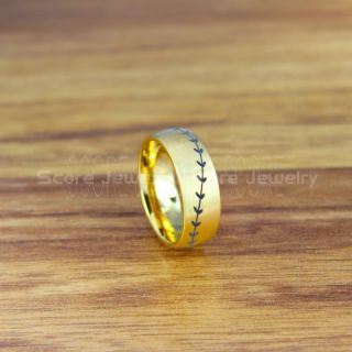 Baseball Ring, Baseball Stitch Pattern Ring, 14K Yellow Gold Tungsten Ring, Baseball Jewelry, Yellow Gold Wedding Band, Yellow Gold Wedding Ring