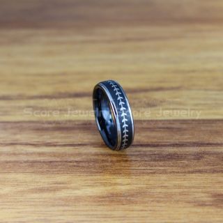 Baseball Ring, Baseball Stitch Pattern Ring, 6mm Black Tungsten Ring, Baseball Jewelry, Black Wedding Band, Black Wedding Ring