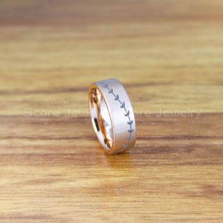 Baseball Ring, Baseball Stitch Pattern Ring, 8mm 14K Rose Gold Tungsten Ring, Baseball Jewelry, Rose Gold Wedding Band, Rose Gold Wedding Ring