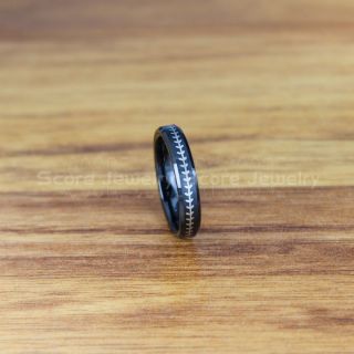 Baseball Ring, Baseball Stitch Pattern Ring, 4mm Black Tungsten Ring, Baseball Jewelry, Black Wedding Band, Black Wedding Ring
