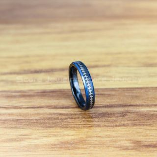 Baseball Ring, Baseball Stitch Pattern Ring, 4mm Black Tungsten Ring, Baseball Jewelry, Black Wedding Band, Black Wedding Ring