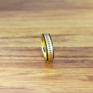 Baseball Ring, Baseball Stitch Pattern Ring, 6mm 14K Yellow Gold Tungsten Ring, Baseball Jewelry, Yellow Gold Wedding Band, Yellow Gold Wedding Ring