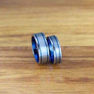Silver Tungsten Rings, Silver Tungsten Wedding Bands, 2 Piece Couple Set Silver Wedding Bands with Blue Grooves, Blue Wedding Rings, Blue Tungsten Wedding Rings