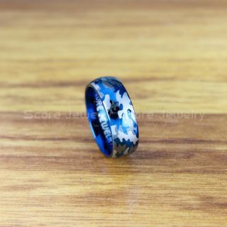 Camo Ring, Camouflage Ring, Blue Wedding Band with Camo Pattern, Blue Tungsten Ring, Blue Wedding Band, Blue Tungsten Band, Military Ring