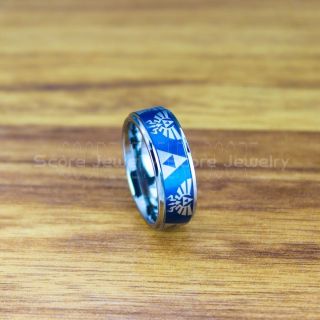 Legend of Zelda Ring, Zelda Triforce Ring, Blue Zelda Wedding Ring, Blue Zelda Wedding Band, Blue Tungsten Ring, Blue Wedding Band, Gamer Ring, Blue Gamer Ring