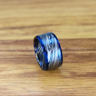 Damascus Steel Ring, Blue Tungsten Ring, Blue Tungsten Band, Damascus Steel Pattern Laser Engraved Tungsten Wedding Ring, Damascus Steel Wedding Band