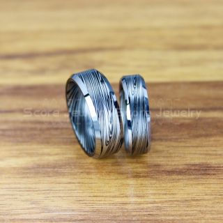 Damascus Steel Rings, 2 Piece Couple Set Damascus Steel Rings, Black Tungsten Rings, Black Tungsten Bands, Damascus Steel Pattern Laser Engraved Tungsten Wedding Rings, Damascus Steel Wedding Bands