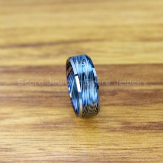 Damascus Steel Ring, Damascus Ring, Damascus Jewelry, Damascus Steel Wedding Ring, Damascus Steel Pattern Laser Engraved Tungsten Wedding Ring, Blue Wedding Band