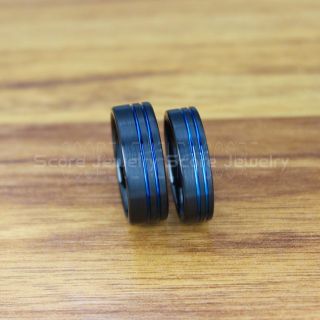 Black Tungsten Rings, Black Tungsten Wedding Bands, 2 Piece Couple Set Black Wedding Bands with Blue Grooves, Black Wedding Rings, Black Tungsten Wedding Rings