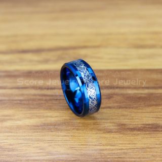 Dragon Ring, Dragon Inlay Ring, Celtic Ring, Blue Tungsten Ring, Blue Wedding Band, Blue Tungsten Ring with Blue Carbon Fiber and Silver Celtic Dragon Inlay Ring