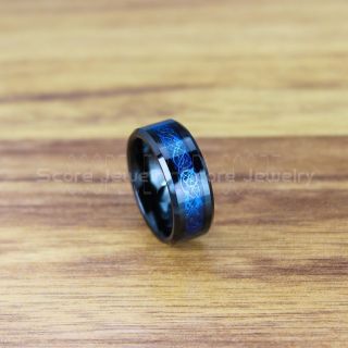 Dragon Ring, Dragon Inlay Ring, Celtic Ring, Black Tungsten Ring, Black Wedding Band, Black Tungsten Ring with Black Carbon Fiber and Blue Celtic Dragon Inlay Ring