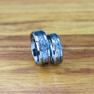 Dragon Ring, Dragon Inlay Ring, Celtic Ring, Silver Tungsten Ring, Silver Wedding Band, Silver Tungsten Ring with Black Carbon Fiber and Silver Celtic Dragon Inlay Ring