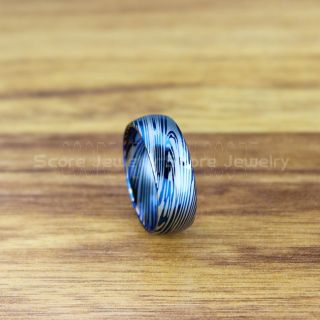 Damascus Steel Ring, Damascus Steel Wedding Band, Blue Tungsten Ring, Blue Tungsten Band Damascus Steel Pattern Laser Engraved, Tungsten Wedding Ring