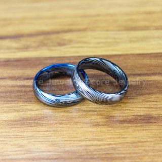 Damascus Steel Rings, 2 Piece Couple Set Damascus Steel Wedding Bands, Black Rings, Blue Tungsten Bands Damascus Steel Pattern Laser Engraved Tungsten Wedding Rings