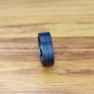 Black Tungsten Ring, Black Tungsten Wedding Band, Black Wedding Band with Blue Off Center Grooves, Black Wedding Ring, Black Tungsten Wedding Ring