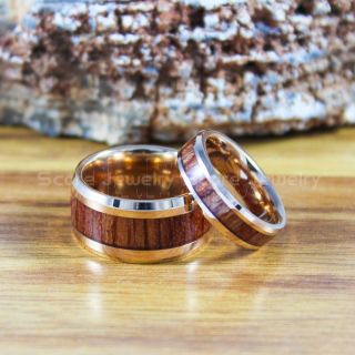 Wood Rings, Koa Wood Wedding Bands, 14K Rose Gold Tungsten Bands with Koa Wood Inlay, Rose Gold Wedding Rings, Rose Gold Wedding Bands, Rose Gold Wood Rings