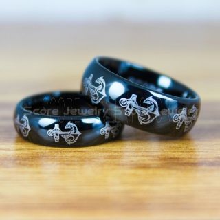Nautical Rings, Ship Wheel Rings, Anchor Rings, 2 Piece Couple Set Anchor Wedding Rings, Black Wedding Bands, Black Tungsten Bands, Black Wedding Rings, Black Tungsten Wedding Rings
