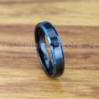 Classic 4mm Black Tungsten Ring Blue Beveled Edge, Black Tungsten Wedding Band, Black Wedding Band, Black Wedding Ring, Black Tungsten Wedding Ring