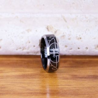 8mm Black Tungsten Band with Beveled Edge Tribal Christian Cross Ring Christian Cross Ring, Religion Ring, Black Tungsten Couple Ring, Christian Cross Jewelry, Black Tungsten Wedding Band, Religious Jewelry