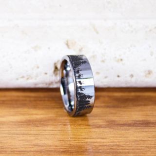 Deer Hunting Ring, Elk Hunting Ring, Deer Hunting Tungsten Ring, Elk Deer Hunting Ring, Crossbow Deer Ring, Elk in Forest Scene Ring, Deer Jewelry, Silver Tungsten Wedding Band