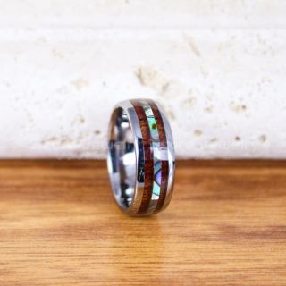 Abalone Shell Ring, Koa Wood Ring, Silver Tungsten Band with Abalone Shell Inlay, Abalone Shell Wedding Band, Abalone Shell Wedding Ring, Silver Tungsten Ring