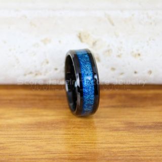 Meteorite Ring, Black Tungsten Band with Blue Meteorite Inlay, Meteorite Wedding Band, Meteorite Wedding Ring, Black Tungsten Ring