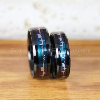 Heartbeat Rings, 2 Piece Couple Set Heartbeat Wedding Bands, Black Tungsten Wedding Bands, Black Wedding Bands, Heartbeat Wedding Rings, Black Wedding Rings