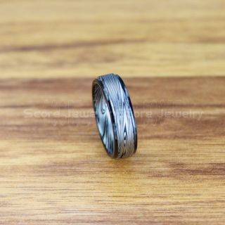 Damascus Steel Ring, Damascus Ring, Damascus Jewelry, Damascus Steel Wedding Ring, Damascus Steel Pattern Laser Engraved Tungsten Wedding Ring, Black Wedding Band