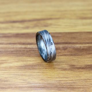 Damascus Steel Ring, Damascus Steel Wedding Band, Black Ring, Black Tungsten Band Damascus Steel Pattern Laser Engraved Tungsten Wedding Ring