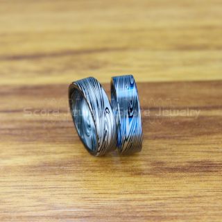 Damascus Steel Rings, 2 Piece Couple Set Damascus Steel Wedding Bands, Black Rings, Blue Tungsten Bands Damascus Steel Pattern Laser Engraved Tungsten Wedding Rings