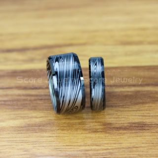 Damascus Steel Rings, 2 Piece Couple Set Damascus Steel Wedding Bands, Black Rings, Black Tungsten Bands Damascus Steel Pattern Laser Engraved Tungsten Wedding Rings