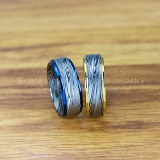 Damascus Steel Rings, 2 Piece Couple Set Damascus Steel Wedding Bands, Black Rings, Black Tungsten Bands Damascus Steel Pattern Laser Engraved Tungsten Wedding Rings