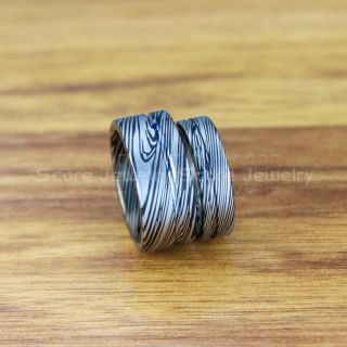 2 Piece Couple Set Damascus Steel Rings, Black Tungsten Rings, Black Tungsten Bands, Damascus Steel Pattern Laser Engraved Tungsten Wedding Rings, Damascus Steel Wedding Bands