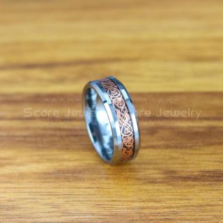 Dragon Ring, Dragon Inlay Ring, Celtic Ring, Silver Tungsten Ring, Silver Wedding Band, Silver Tungsten Ring with Black Carbon Fiber and Rose Gold Celtic Dragon Inlay Ring