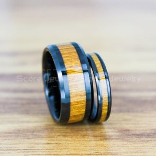 Koa Wood Rings, 2 Piece Couple Set Koa Wood Weddings Bands, Black Tungsten Bands Koa Wood Inlay, Black Wedding Rings, Black Wedding Bands, Black Wood Rings