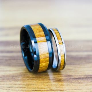 Wood Rings, Wood Wedding Bands, 2 Piece Couple Set Redwood Wedding Bands, Black Tungsten Bands with Redwood Inlay, Black Wedding Rings, Black Wedding Bands, Black Wood Rings