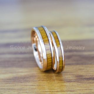 Wood Rings, 2 Piece Couple Set Redwood Weddings Bands, 14K Rose Gold Tungsten Bands Redwood Inlay, Rose Gold Wedding Rings, Rose Gold Wedding Bands, Rose Gold Wood Rings