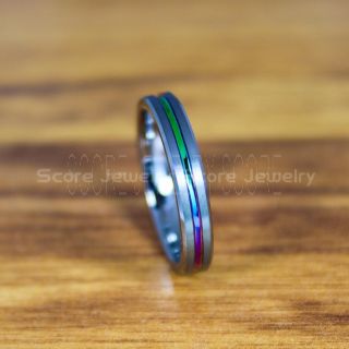 Rainbow Ring, Pride Ring, Pride Jewelry, Rainbow Wedding Band, Silver Tungsten Band Beveled Edge Center Rainbow Groove, 4mm Silver Tungsten Wedding Band