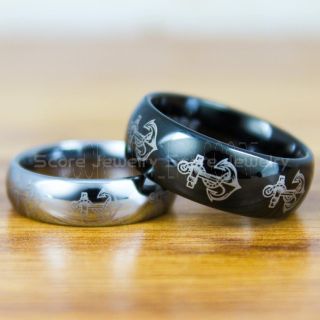 Nautical Rings, Ship Wheel Rings, Anchor Rings, 2 Piece Couple Set Anchor Wedding Rings, Black Wedding Bands, Black Tungsten Bands, Black Wedding Rings, Black Tungsten Wedding Rings