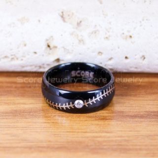 Baseball Ring, Baseball Stitch Pattern Ring, Black Tungsten Ring with AAAAA White CZ Stone, Baseball Jewelry, Black Wedding Band, Black Wedding Ring