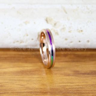 Rainbow Ring, Rainbow Wedding Band, 14K Rose Gold Tungsten Band Beveled Edge Center Rainbow Groove, 4mm 14K Rose Gold Tungsten Wedding Band