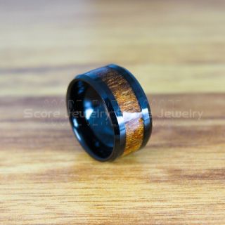 Koa Ring, Koa Wood Ring, Koa Wood Wedding Band, 12mm Black Wedding Band, Black Tungsten Ring, Black Wedding Band